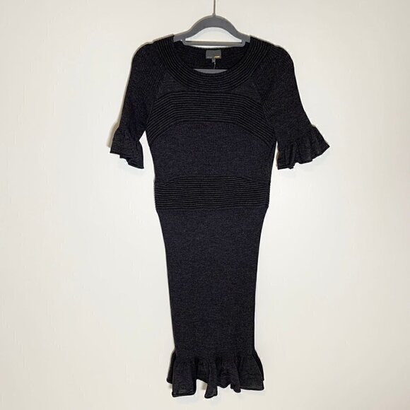 Fendi charcoal gray short ruffle sleeve fitted below knee knit sweater dress - Picture 1 of 12